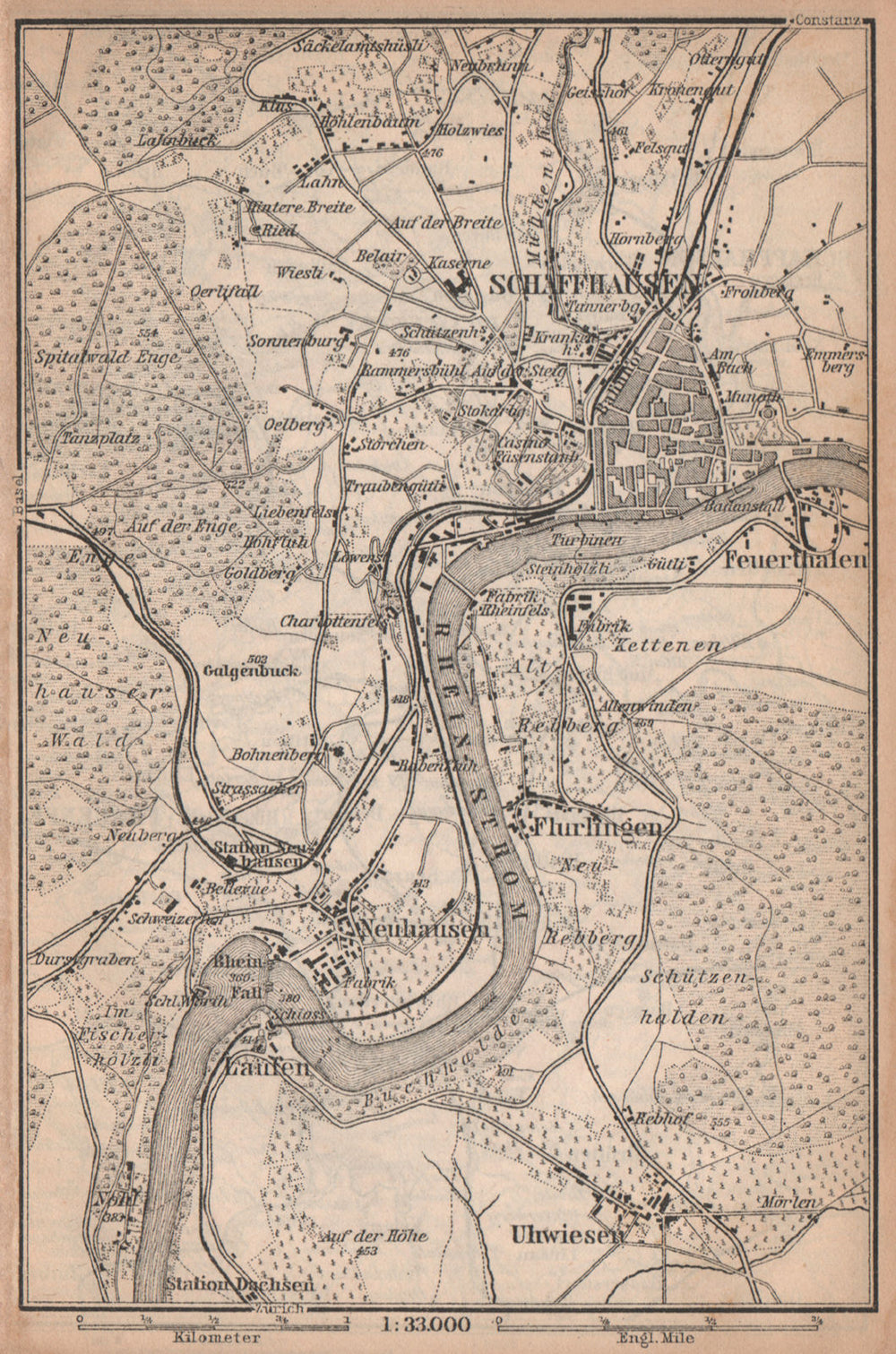 SCHAFFHAUSEN environs. Flurlingen Feuerthalen Neuhausen. Schweiz 1893 old map