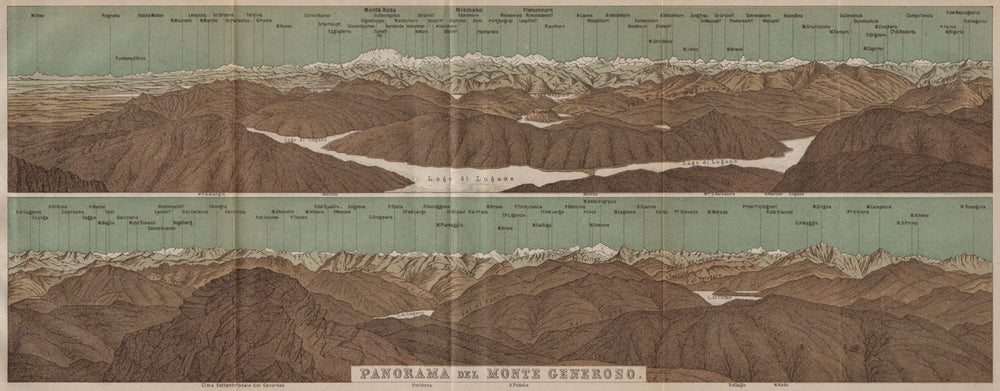 MONTE GENEROSO PANORAMA. Lugano Como Maggiore Rosa Mischabel Disgrazia 1893 map