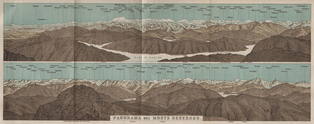 MONTE GENEROSO PANORAMA. Lugano Como Maggiore Rosa Mischabel Disgrazia 1897 map