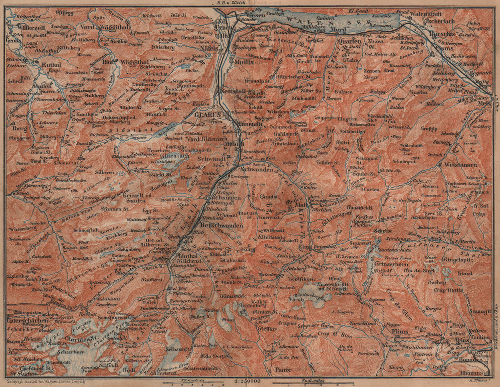 GLARUS CANTON. Flums Braunwald Flims Näfels Walen See Linththal 1899 old map