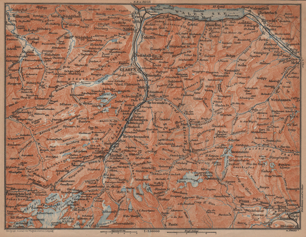 GLARUS CANTON. Flums Braunwald Flims Näfels Walen See Linththal 1901 old map