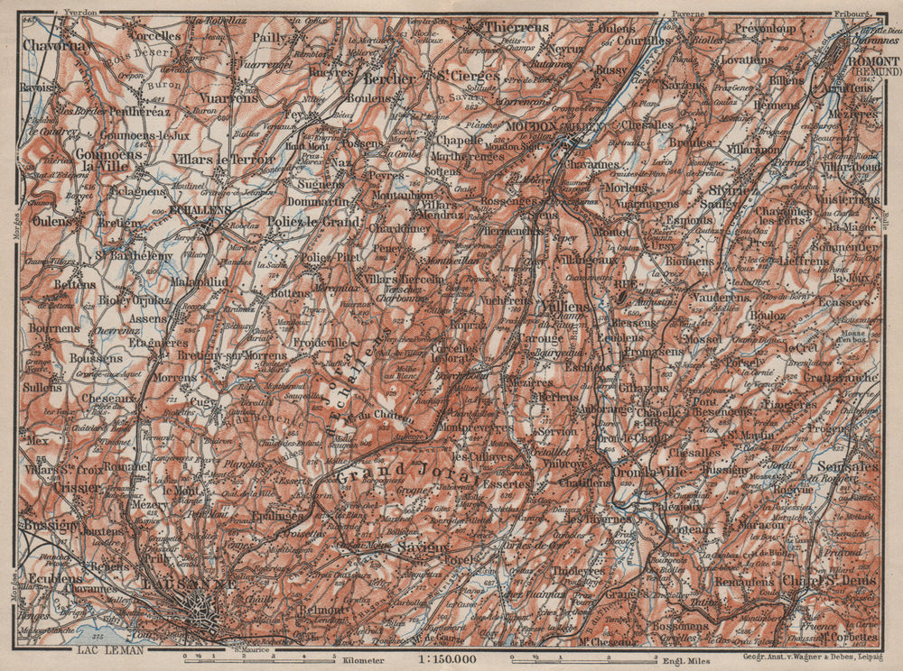PAYS DE VAUD North. Lausanne Moudon Romont Jorat Moudon Echallens 1909 old map