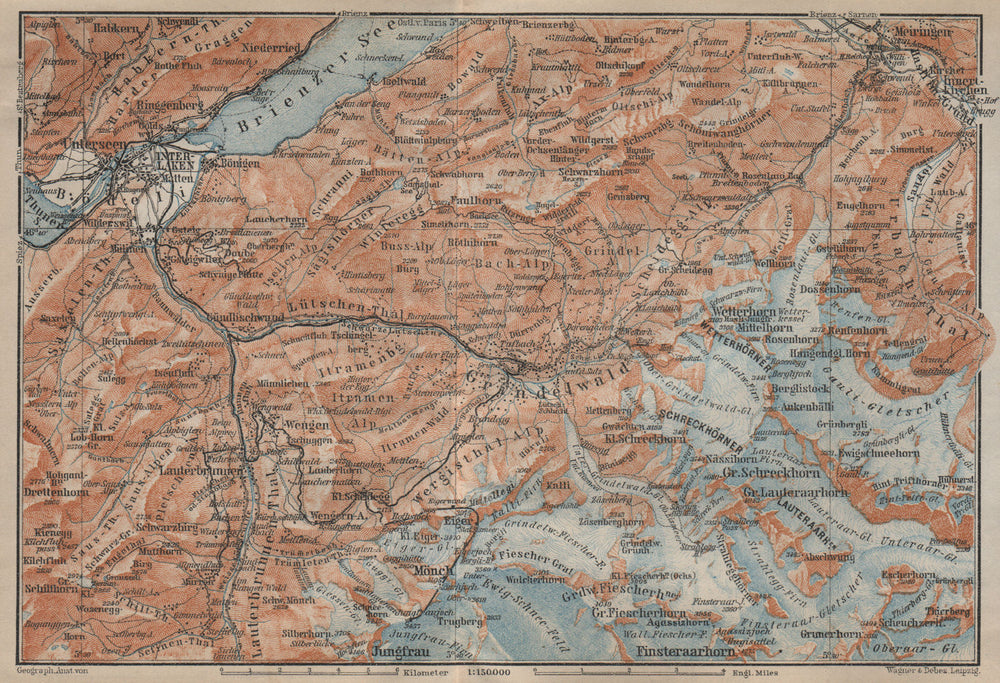 GRINDELWALD environs. Wengen Mürren Jungfrau Wetterhorn Interlaken 1920 map