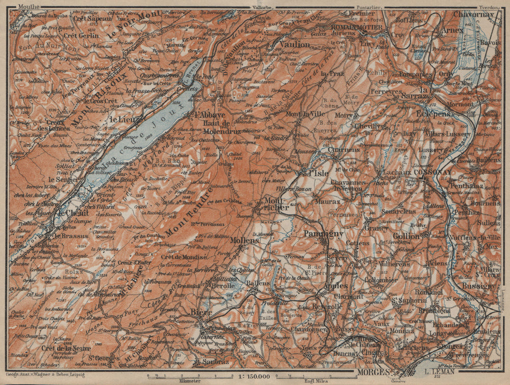 WESTERN JURA. Morges Cossonay Vaulion Mont Risoux/Tendre Lac de Joux 1920 map