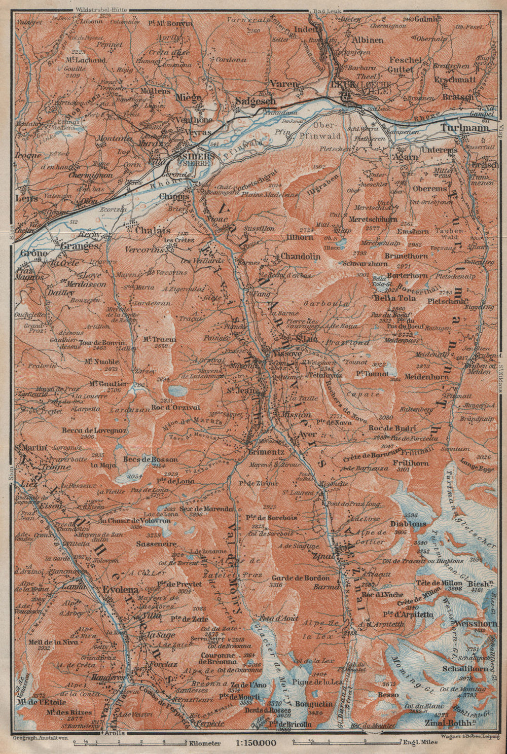 SIERRE & VAL D'ANNIVIERS. Crans-Montana Grimentz Leukle Weisshorn 1922 old map