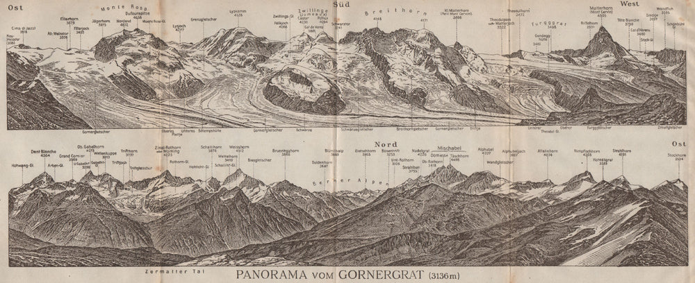 GORNERGRAT PANORAMA. Zermatt Monte Rosa Breithorn Matterhorn Mischabel 1922 map