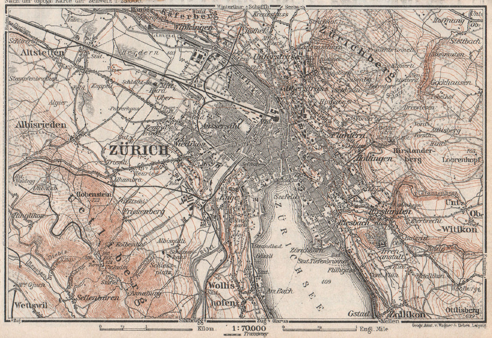ZÜRICH ENVIRONS. Zurich. Switzerland Suisse Schweiz carte karte 1928 old map