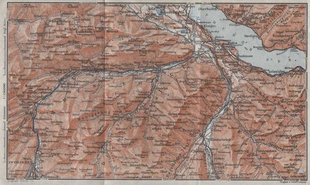 THUNER SEE. SIMME/KANDER VALLEYS. Gantrisch Spiez Frutigen Oberwil 1928 map