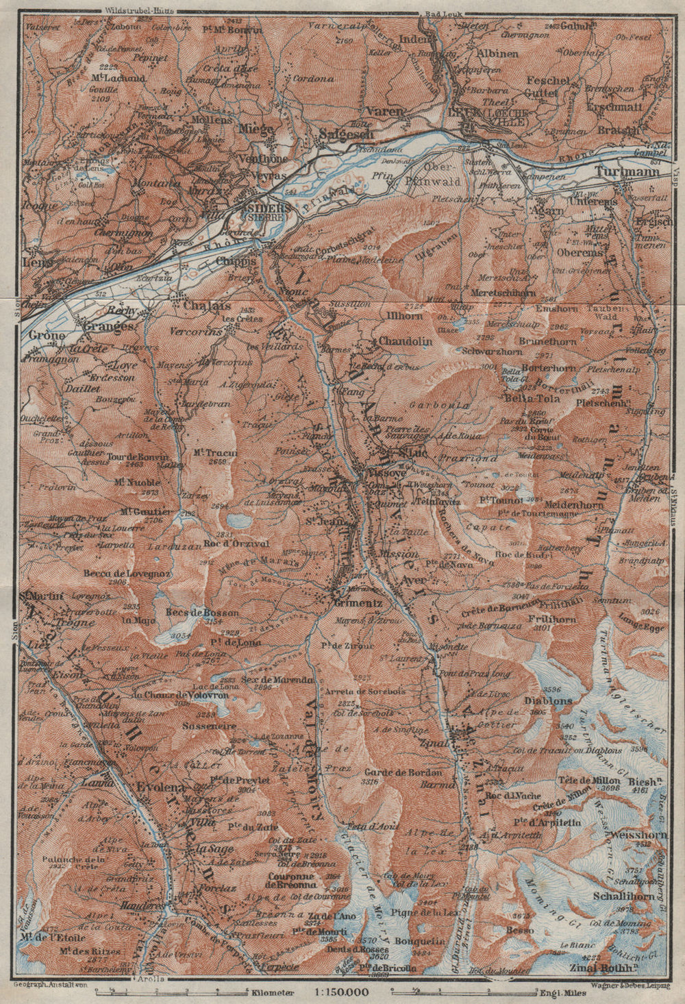 SIERRE & VAL D'ANNIVIERS. Crans-Montana Grimentz Leukle Weisshorn 1928 old map