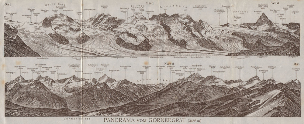 GORNERGRAT PANORAMA. Zermatt Monte Rosa Breithorn Matterhorn Mischabel 1928 map