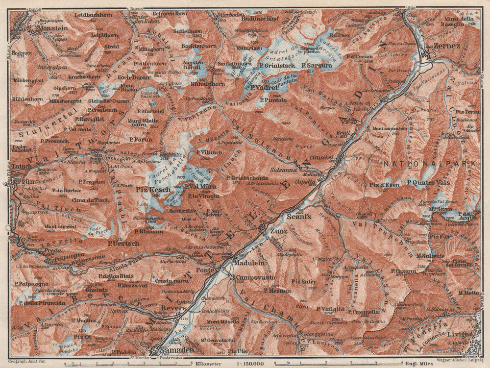 MIDDLE ENGADINE VALLEY. Samedan-Zernez. Zuoz Livigno Albula Alps 1928 old map