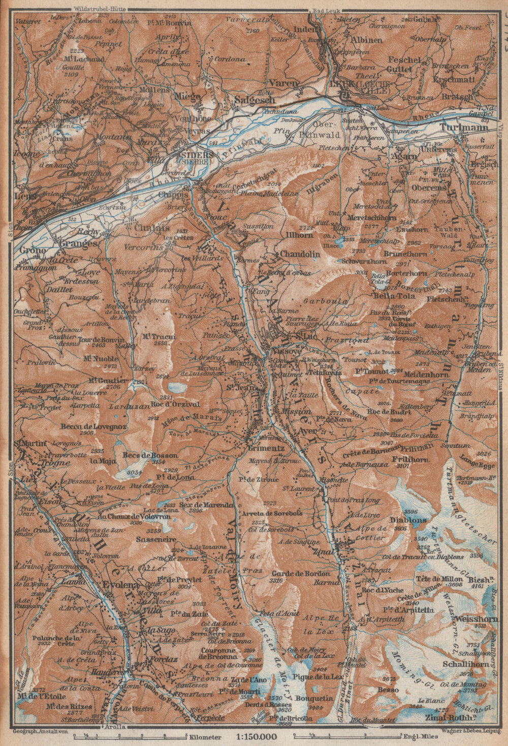 SIERRE & VAL D'ANNIVIERS. Crans-Montana Grimentz Leukle Weisshorn 1938 old map