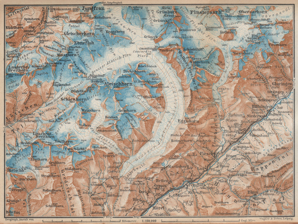 ALETSCHHORN DISTRICT. Fiesch Mörel Jungfrau Nesthorn Grengiols 1938 old map