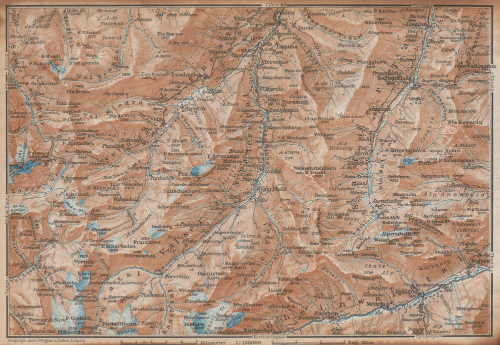 LUGNETZTAL SURSELVA. Valserrhein Furketlihorn Hinterrhein Splügen 1938 old map