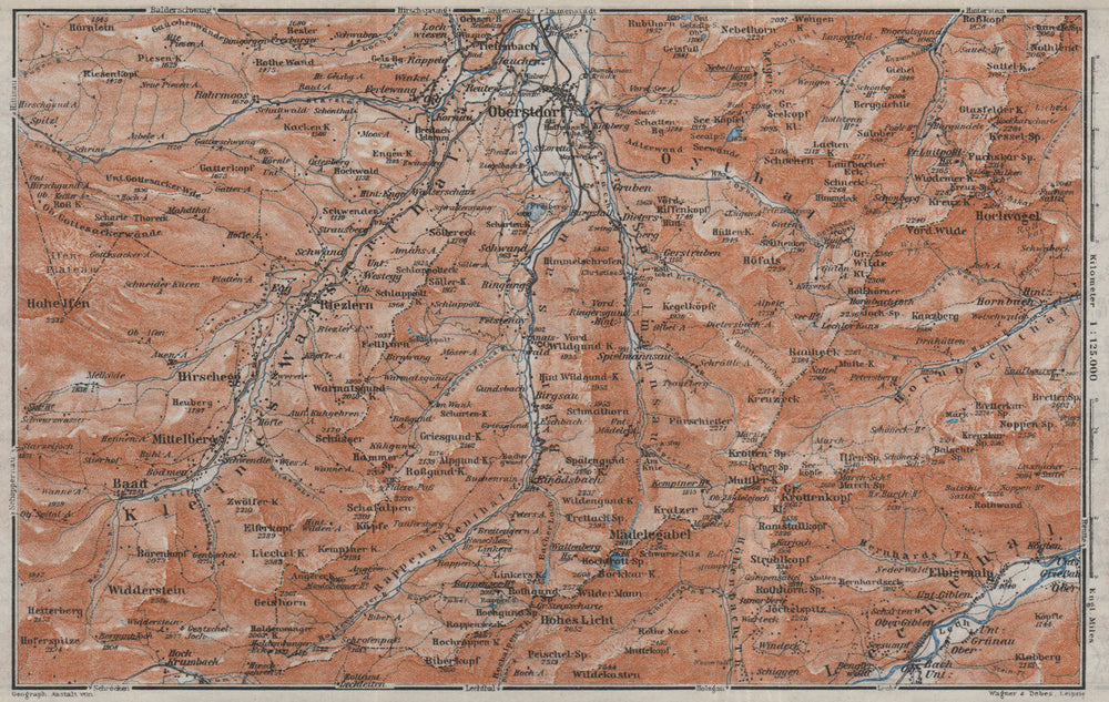 OBERSTDORF environs. Mittelberg Riezlern Allgäu Bayerische Alpen karte 1923 map