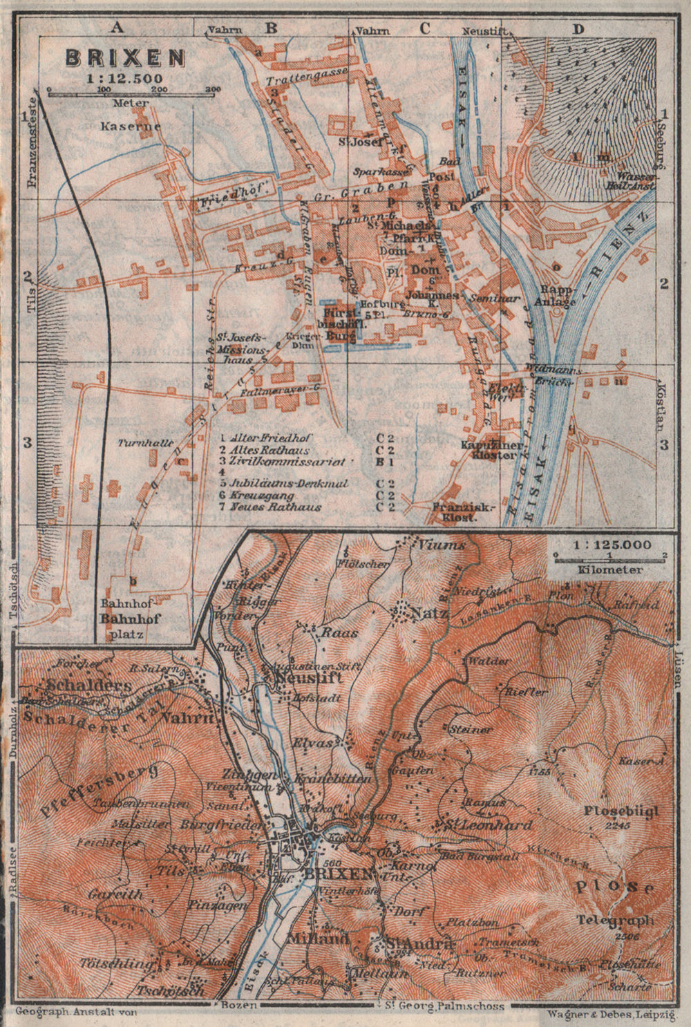 BRIXEN / BRESSANONE town city plan & environs. Südtirol Italy Italia 1923 map