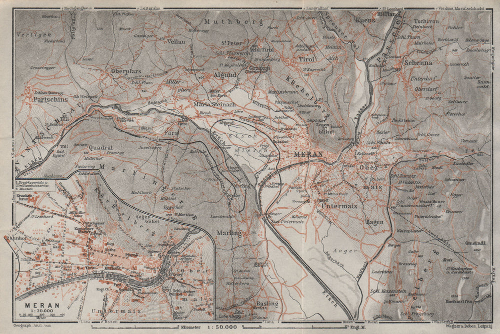 MERANO / MERAN environs Scena Plars di Sopra Marlengo Lagundo Parcines 1923 map