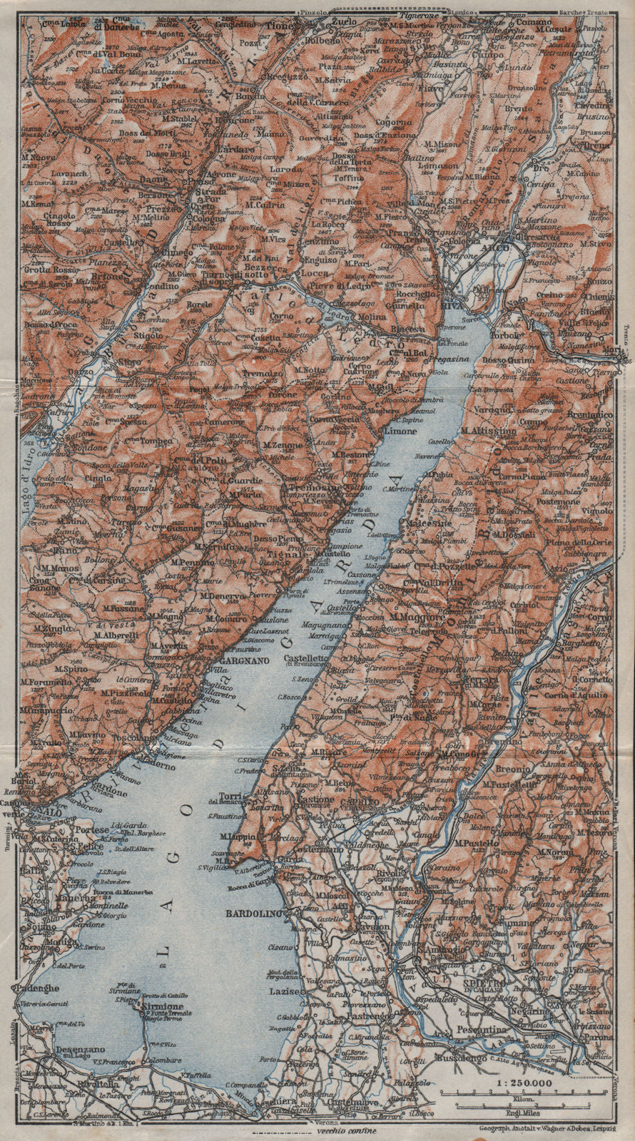LAGO DI/LAKE GUARDA. Riva Salo Gargnano Bardolino. Topo-map. Italy 1923