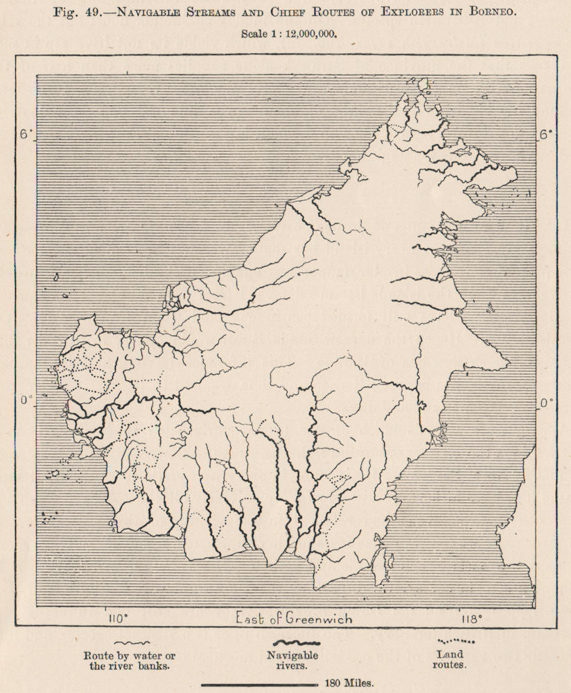 Navigable Streams & chief routes of Explorers in Borneo. Indonesia 1885 map