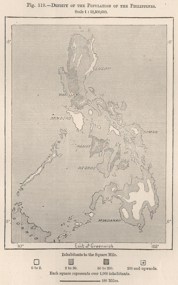 Density of the population of the Philippines 1885 old antique map plan chart