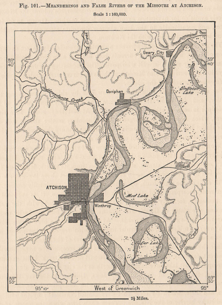 Meanderings and false rivers of the Missouri at Atchison. Kansas 1885 old map