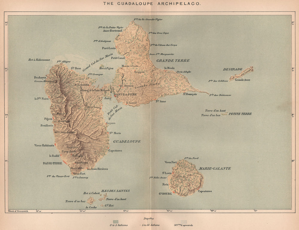 Guadaloupe Archipelago. Marie-Galante Iles des Saintes. Lesser Antilles 1885 map