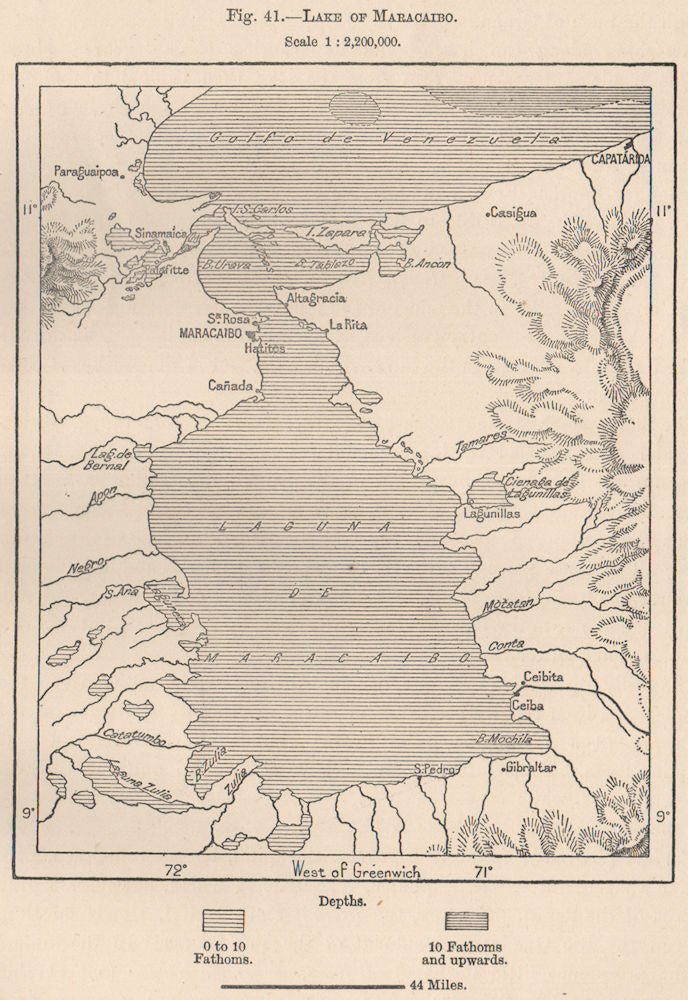 Lake of/Lago de Maracaibo. Venezuela 1885 old antique vintage map plan chart