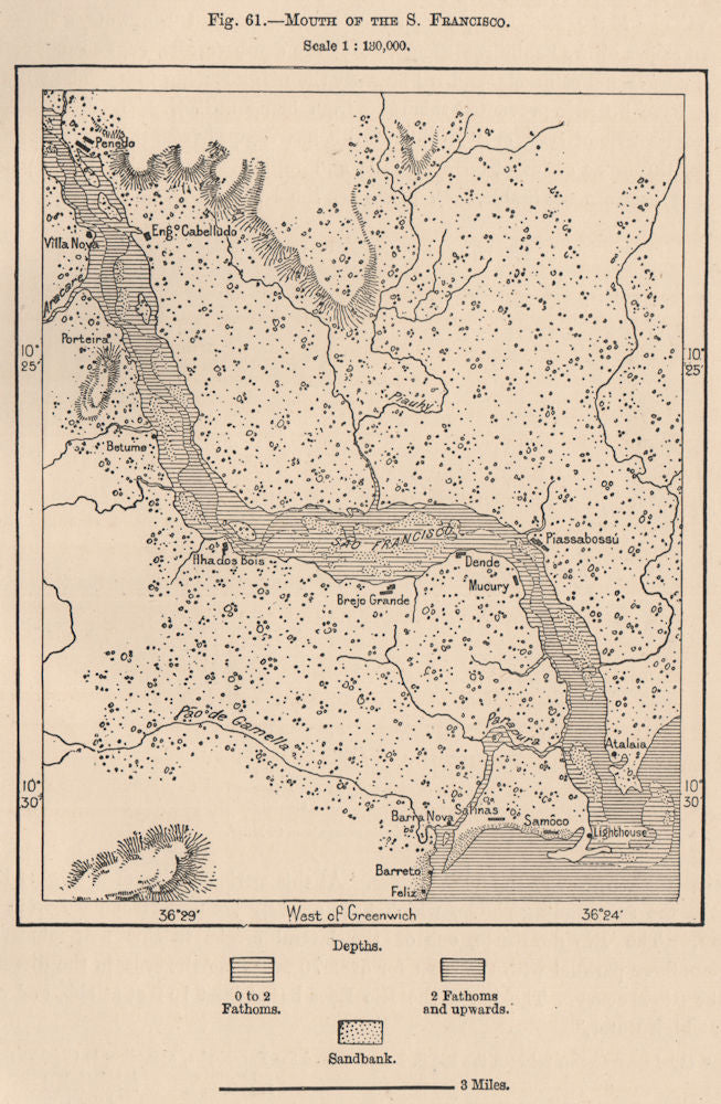 Mouth of Sao Francisco river.Piacubucu Penedo.Alagoas/Sergipe.Brazil 1885 map