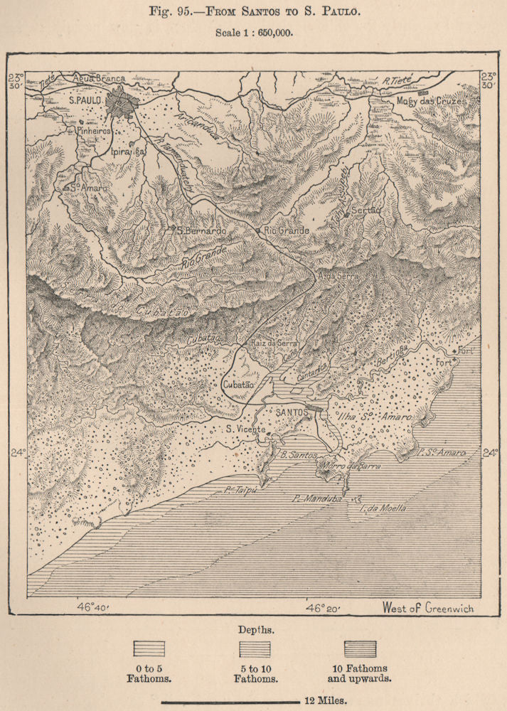 From Santos to Sao Paulo. São Paulo. Brazil 1885 old antique map plan chart