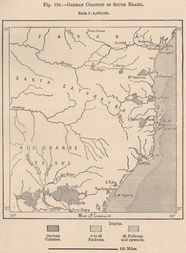 German Colonies in South Brazil 1885 old antique vintage map plan chart