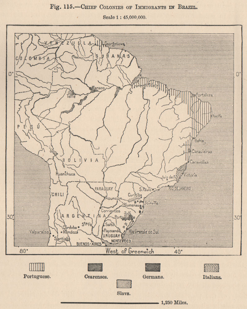 Chief colonies of Immigrants in Brazil 1885 old antique vintage map plan chart