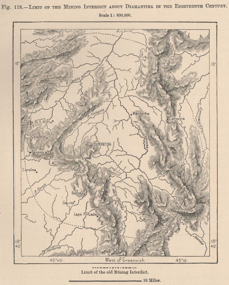 Limit of the 18th century mining interdict around Diamantina. Brazil 1885 map