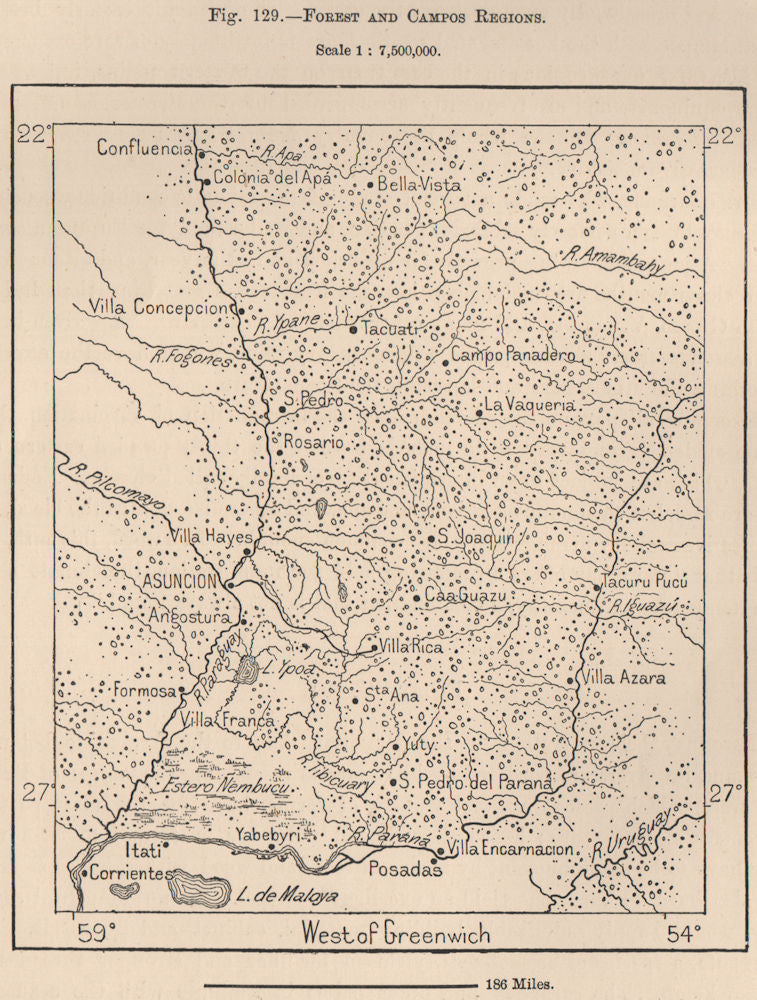 Forest and Campos Regions. Paraguay. Chaco 1885 old antique map plan chart