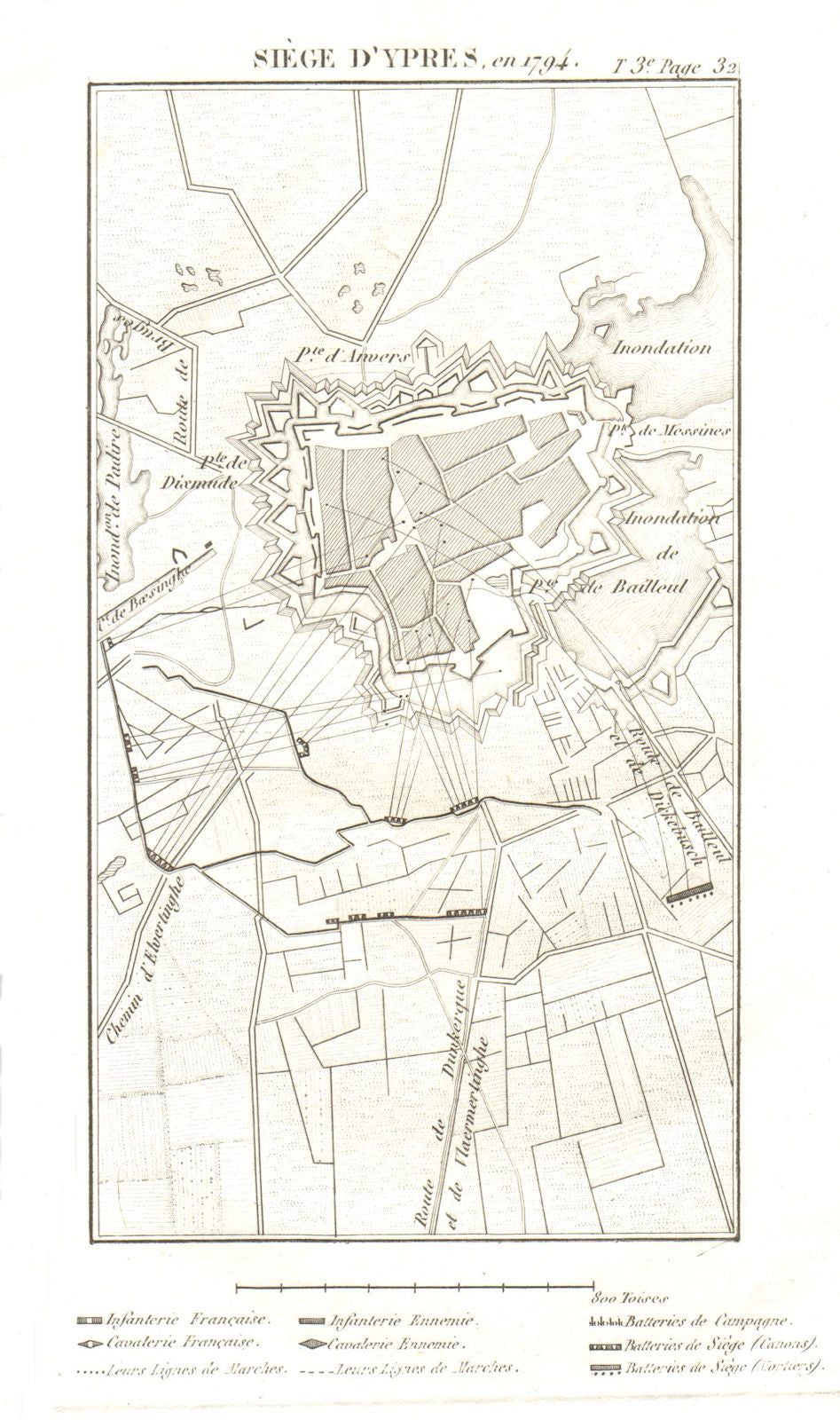 Siege of Ypres in 1794. War of the First Coalition. Belgium 1817 old map