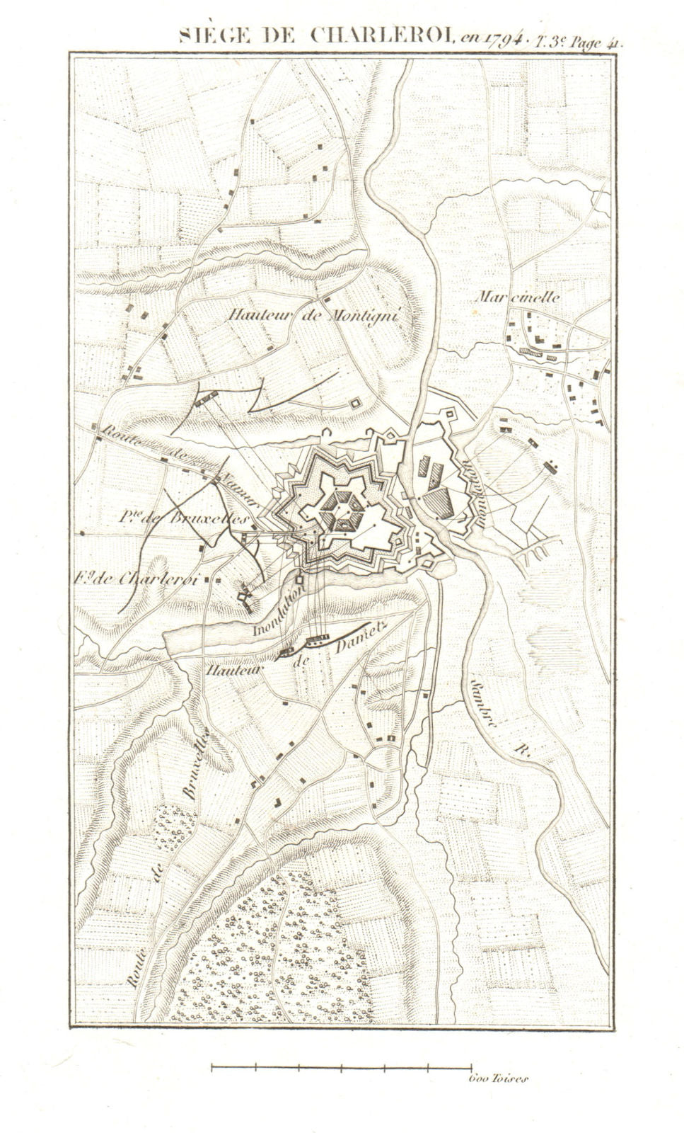 Siege of Charleroi in 1794. War of the First Coalition. Belgium 1817 old map
