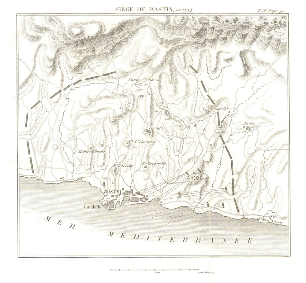 Siege of Bastia 1794. War of the First Coalition. Corsica. Haute-Corse 1817 map