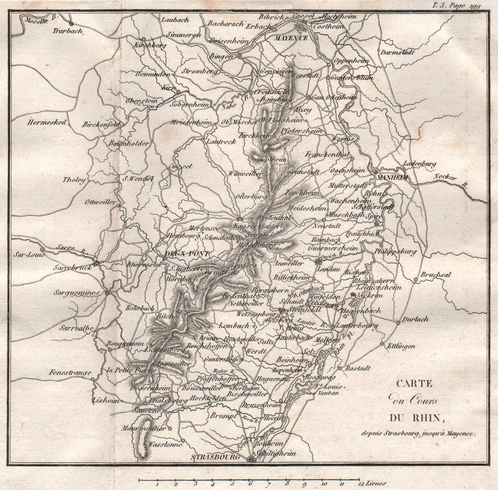 Map of the Rhine From Strasbourg to Mainz. Mannheim Vosges. Germany 1817