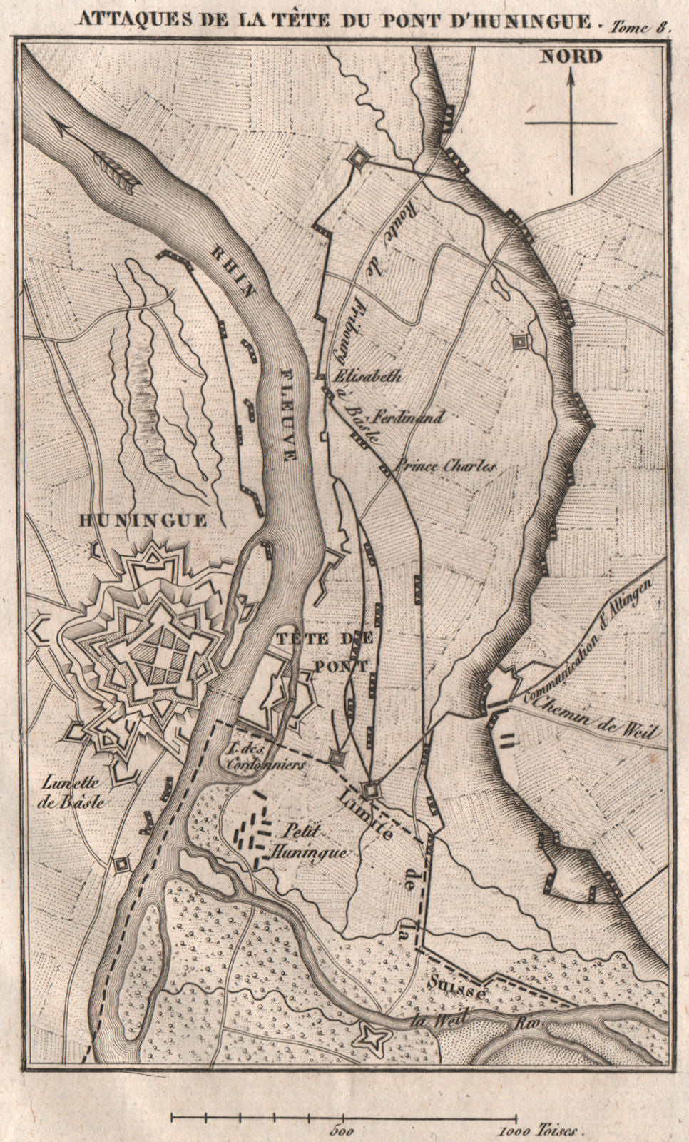 Huningue bridge attack. Battle of Schliengen 1796. First Coalition War 1818 map