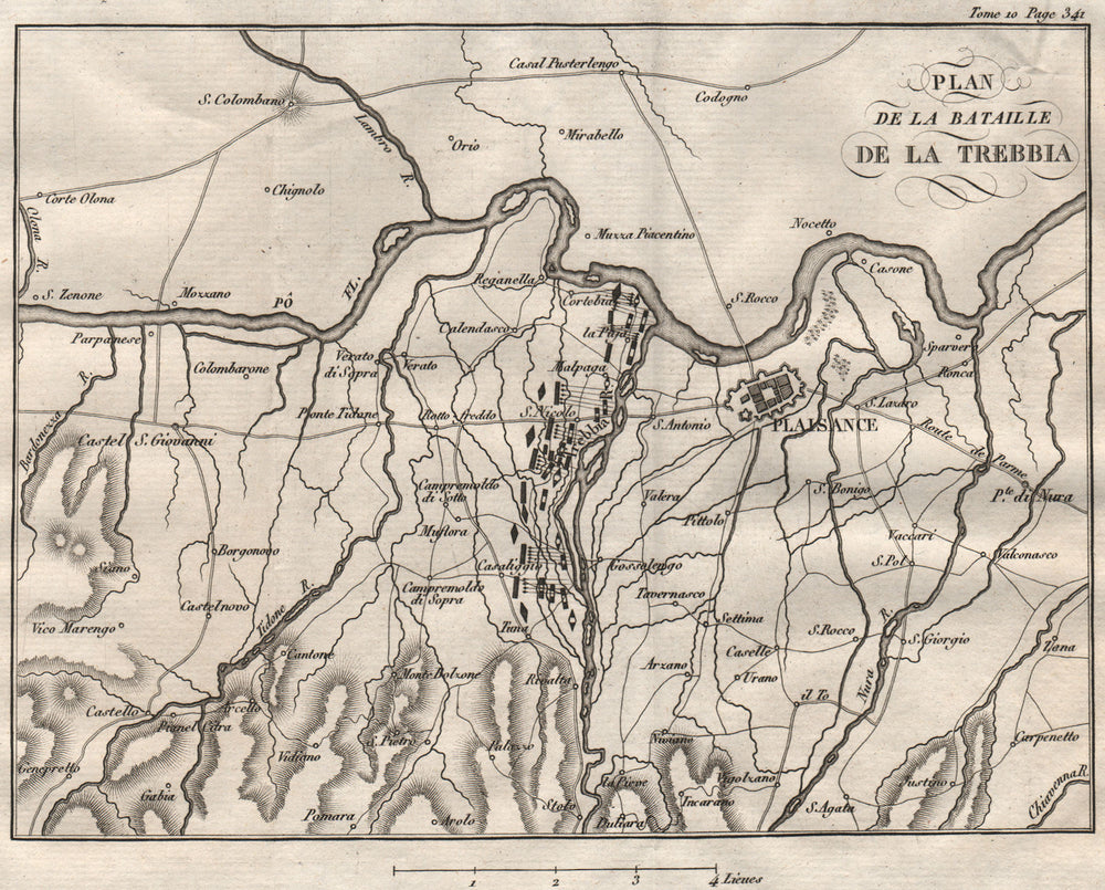 Plan of the Napoleonic Battle of Trebia/Trebbia 1799. Piacenza. Italy 1818 map