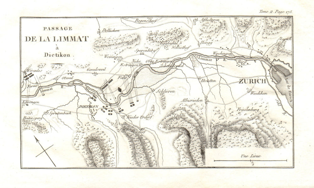 Second Battle of Zurich 1799. Passage of the Limmat at Dietikon 1819 old map