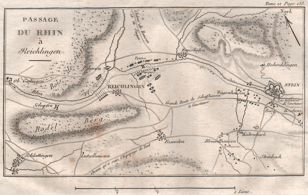 Crossing of the Rhine in Rheinklingen 1799. Stein am Rhein. Switzerland 1819 map