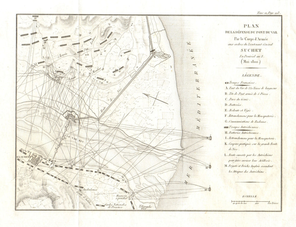 Defence of St-Laurent-du-Var by Gen Suchet 1800. Nice, Alpes Maritimes 1819 map
