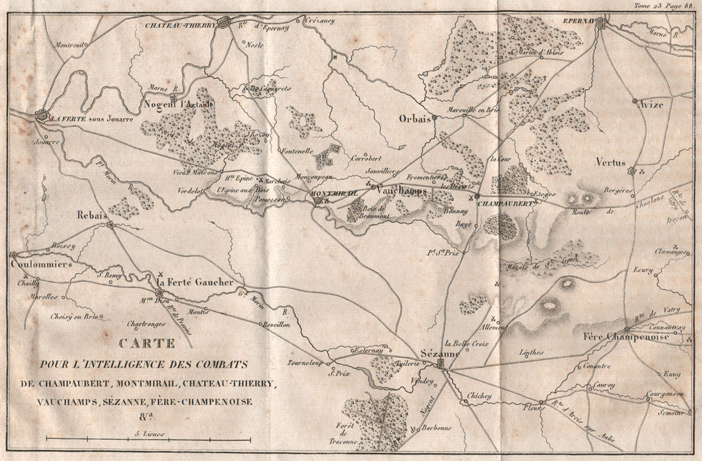 SIX DAYS CAMPAIGN 1814 Champaubert Montmirail Chateau-Thierry Vauchamps 1819 map