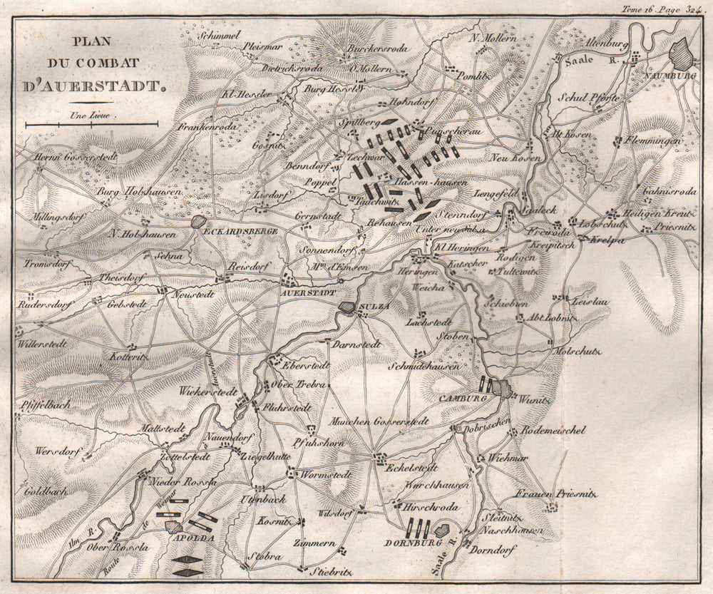 Battle of Auerstedt 1806. War of the Fourth Coalition. Thuringia 1819 old map