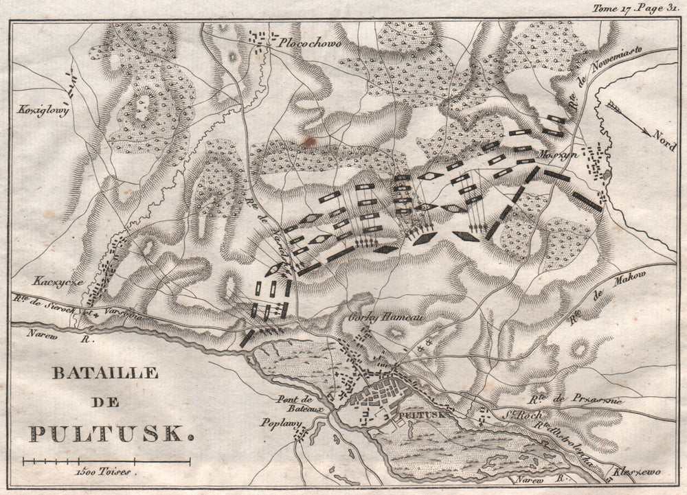 Battle of Pultusk 1806. War of the Fourth Coalition. Poland 1820 old map
