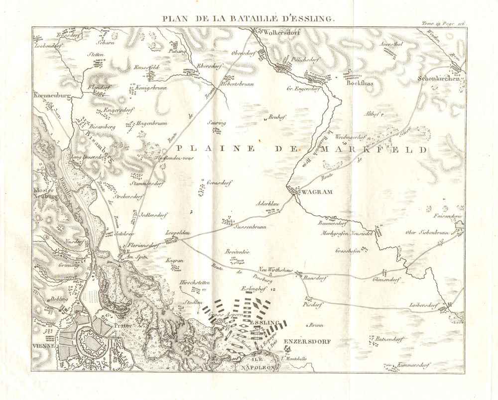 Battle of Aspern-Essling 1809. Vienna Austria. War of Fifth Coalition 1820 map