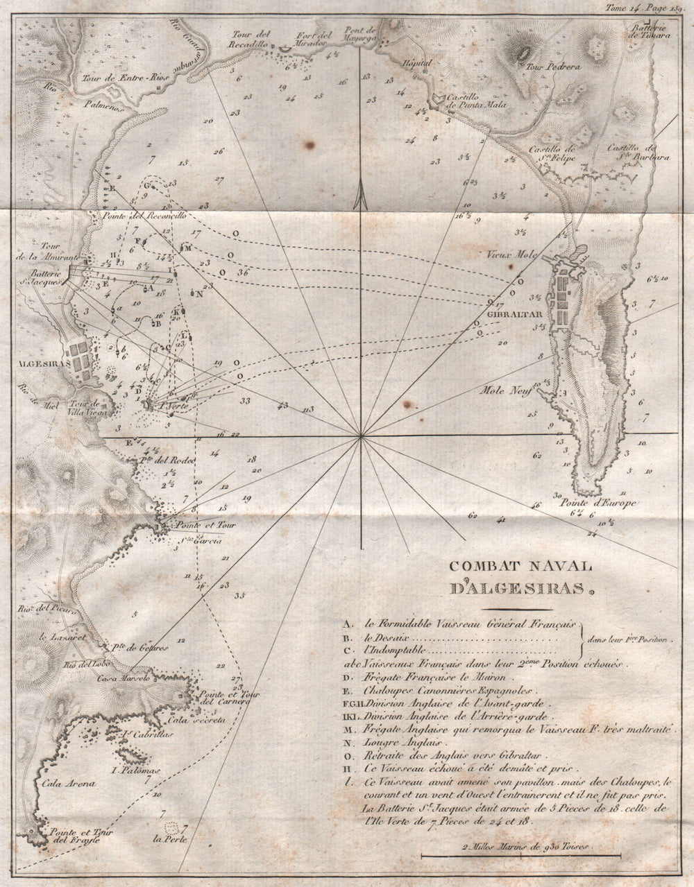 Naval battle of Algeciras 1801. Gibraltar. Spain 1821 old antique map chart