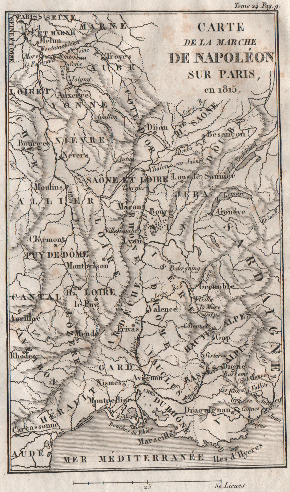 Map of Napoleon's march on Paris in 1815. France 1821 old antique chart