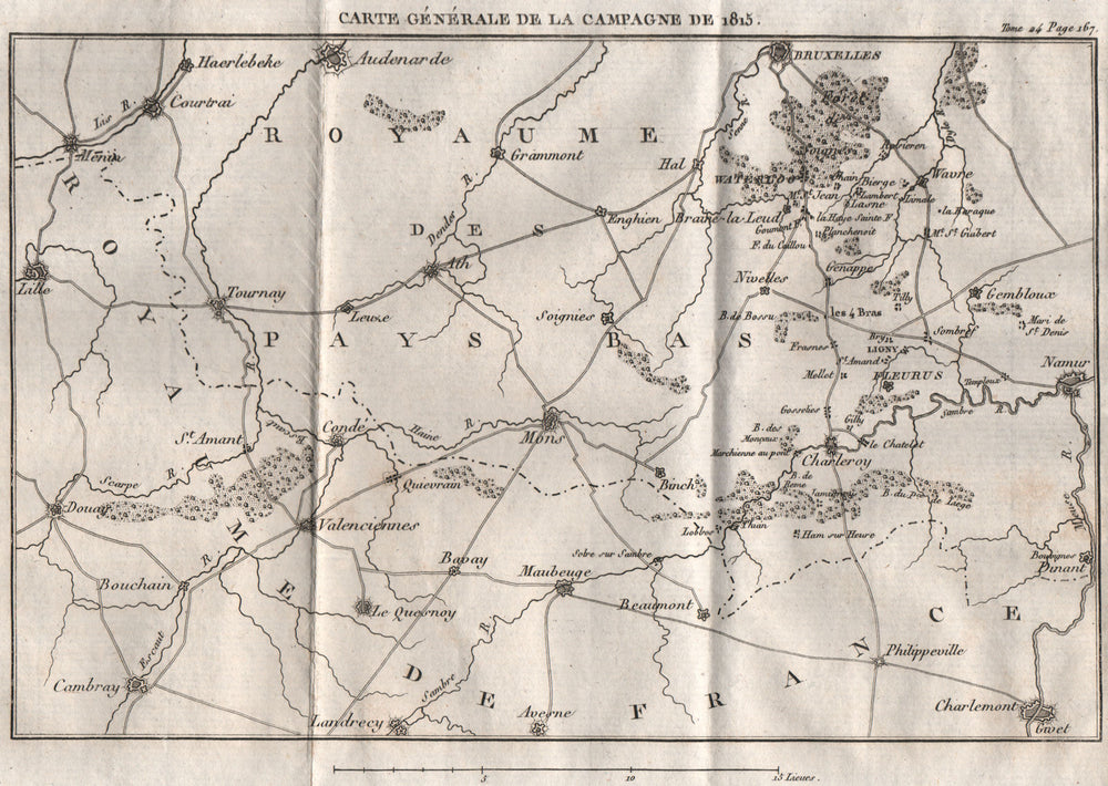 General map of the 1815 Campaign. Belgium/Nord. Waterloo 1821 old antique