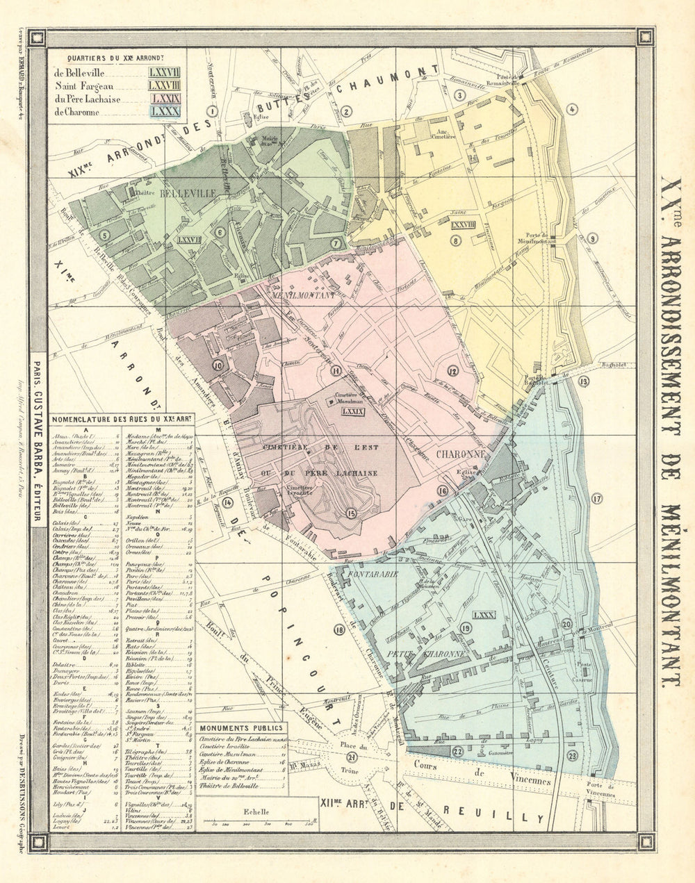 PARIS 20e 20th XXme arrondissement de Ménilmontant. BARBA 1860 old antique map